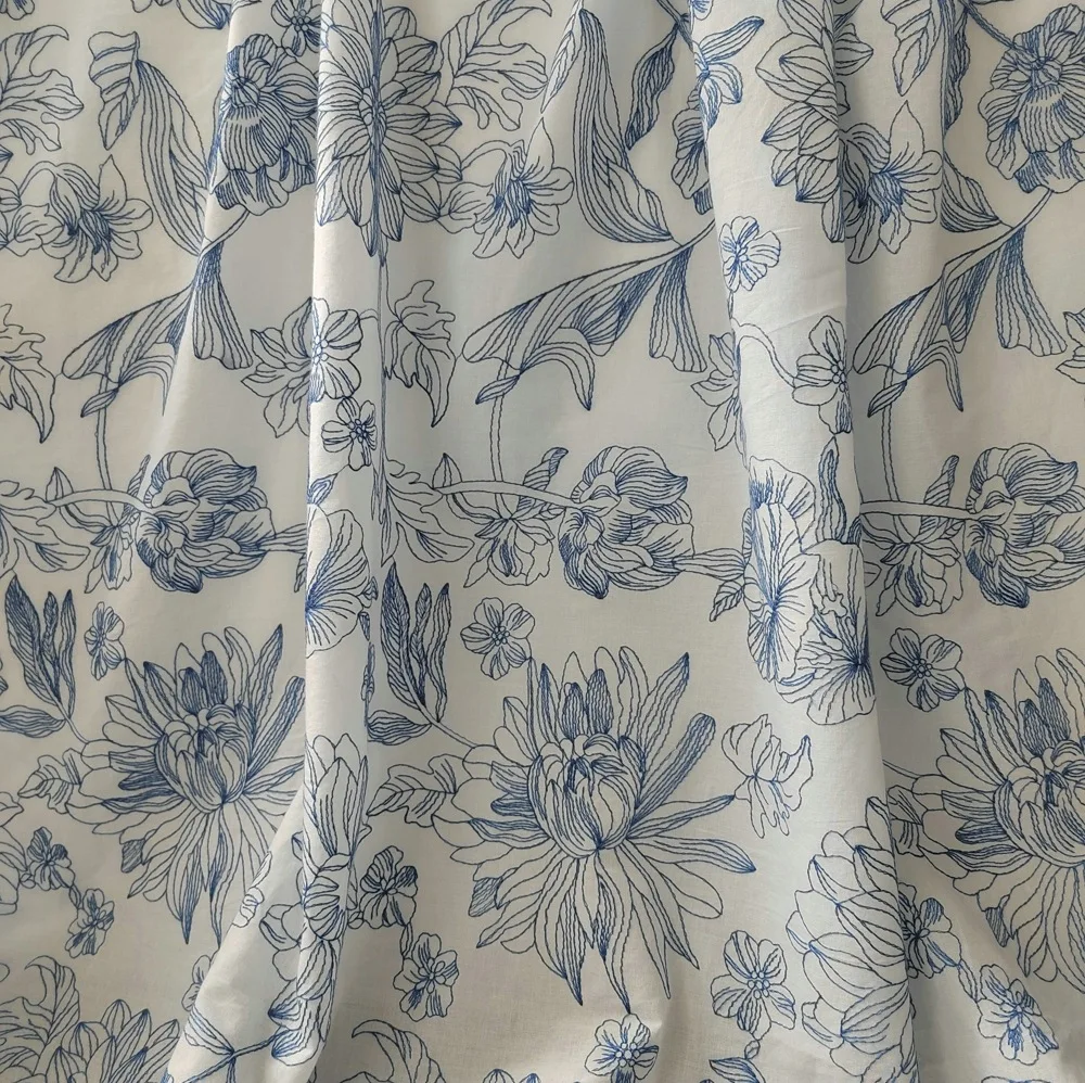 Blue ivory cotton or Linen viscose embroidery fabric for woman dress shirt clothing with big flower pattarn sewing by 2 meter