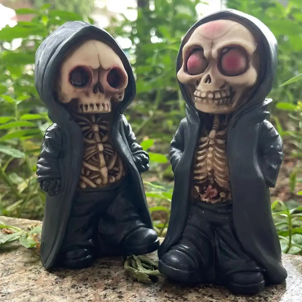 Halloween Black Robe Skeleton Figurine Gothic Death Resin Skeleton Ornament Home Desktop Bookshelf Decoration Festival Gift