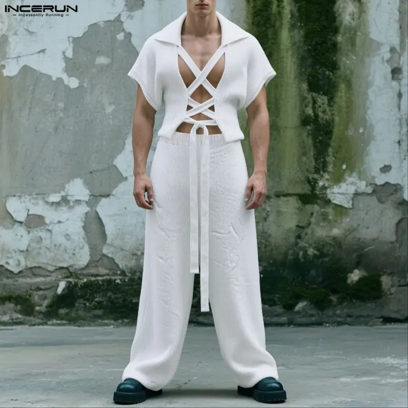 

INCERUN Men Sets Solid Lapel Short Sleeve Lace Up Crop T Shirt & Pants Two Pieces Sets Hollow Out Streetwear Fashion Men Suits