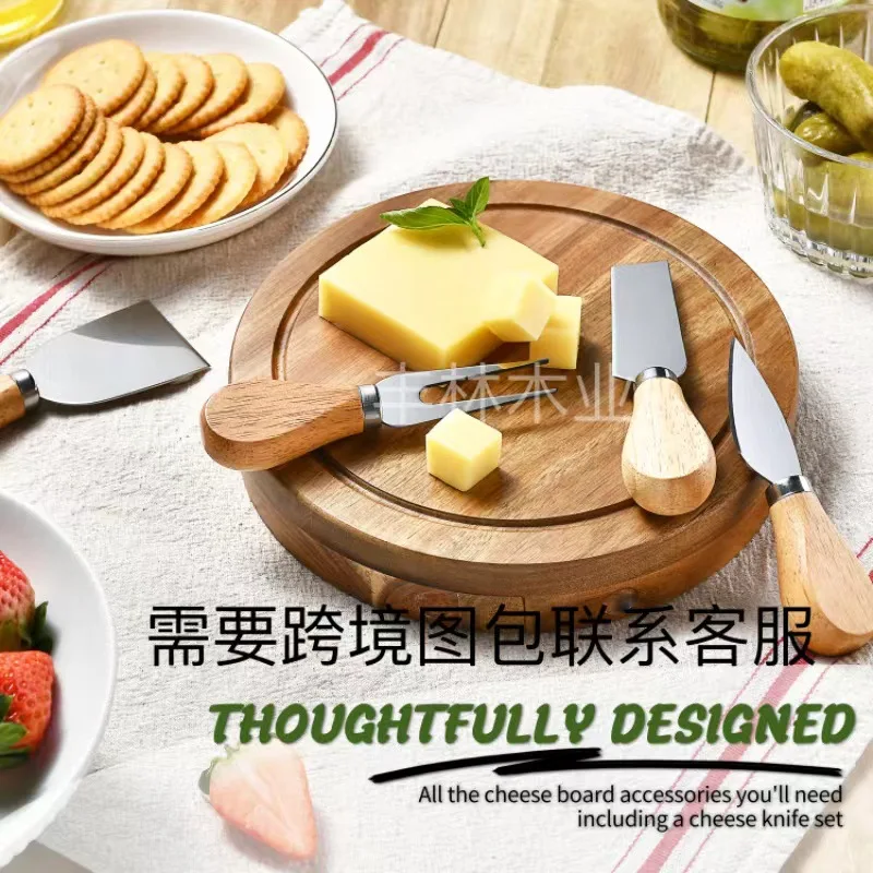 Acacia wood circular cheese cheese plate, pizza bread, fruit knife box combination set, ceramic dining plate, picnic plate