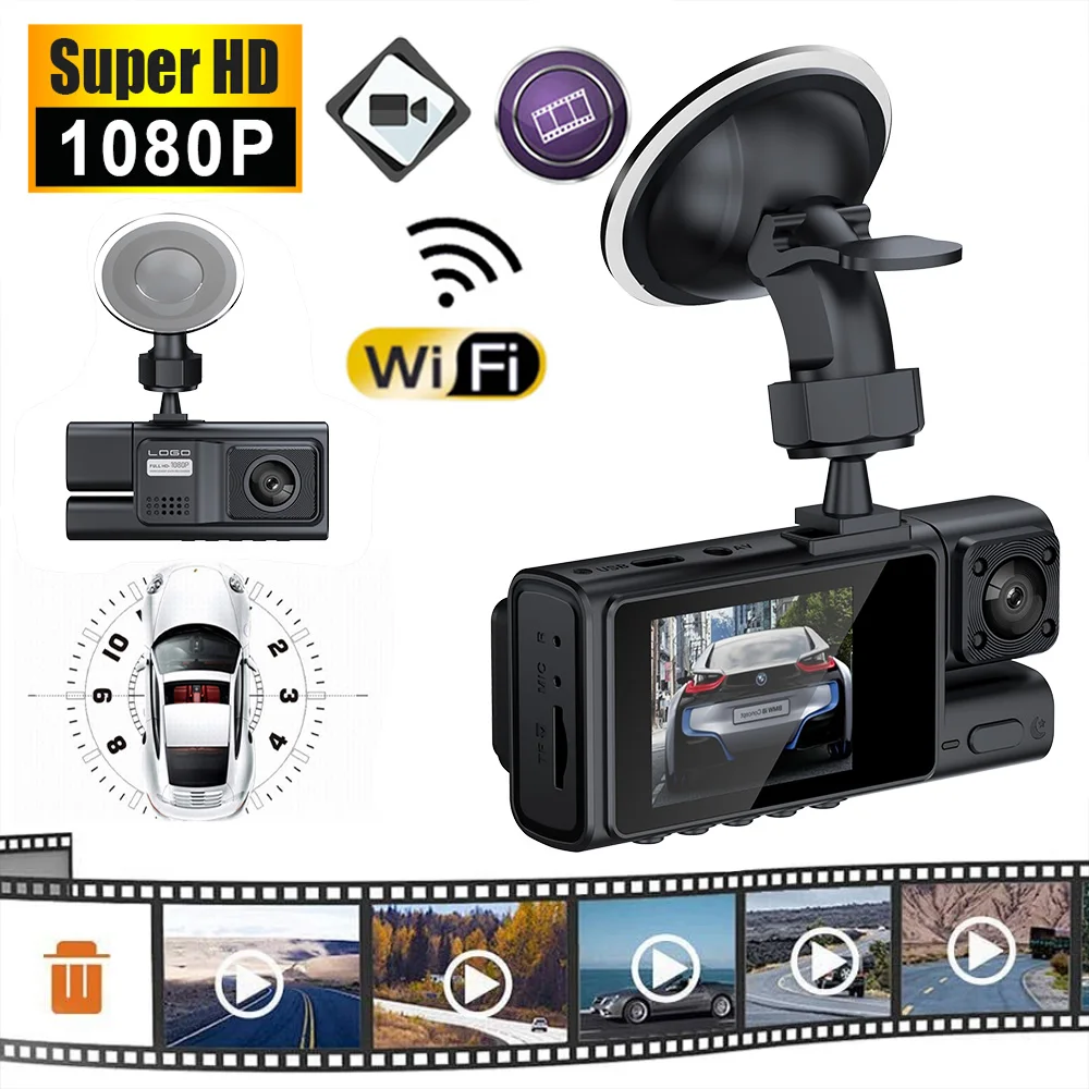 

1080P Car Dash Cam 3 Channel Front Rear and Inside with WiFi DVR Driving Recorder Loop Recording 24H Parking Monitor G-Sensor