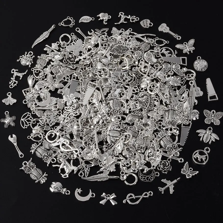Antique Silver Color Random Mix Bow Tie Bee Leaf Metal Charms For Jewelry Making Supplies Bulk Cute Pendant Charm DIY Bracelets