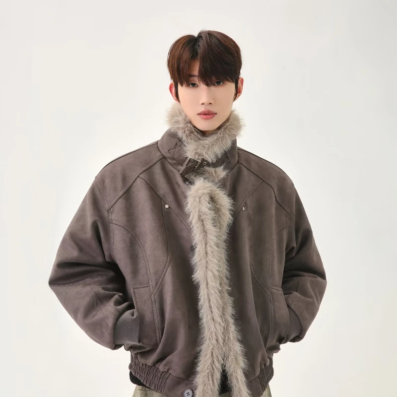 Winter Fur Integrated High Street Mens Parkas Suede Thickening Stand Collar Punk Cotton Jackets Retro Trend Warm Male Coats