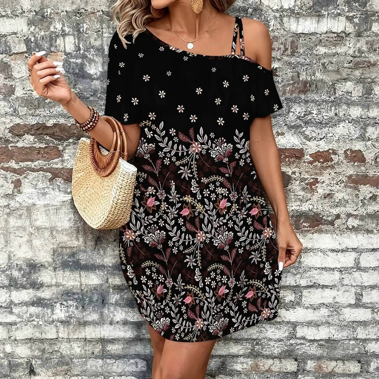 Women Print Cold Shoulder Short Sleeve Mini Dress Irregular Off Shoulder Casual Loose Tunic Dress