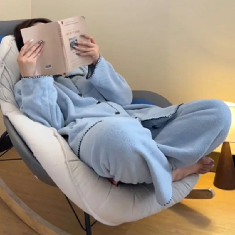 الشتاء بلون Homewear المرأة بيجامة مجموعة يمكن ارتداؤها كملابس خارجية Pj رشاقته الدفء ملابس النوم لينة المرجان الصوف ملابس خاصة #5