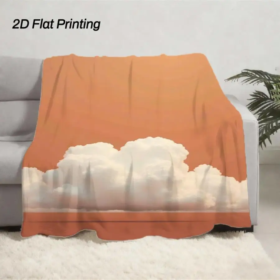 1pc of Serene Sky Flannel Blanket- Warm Orange Tones Paired with Fluffy Clouds, a Soft All-season Blanket Suitable for Home, Tra