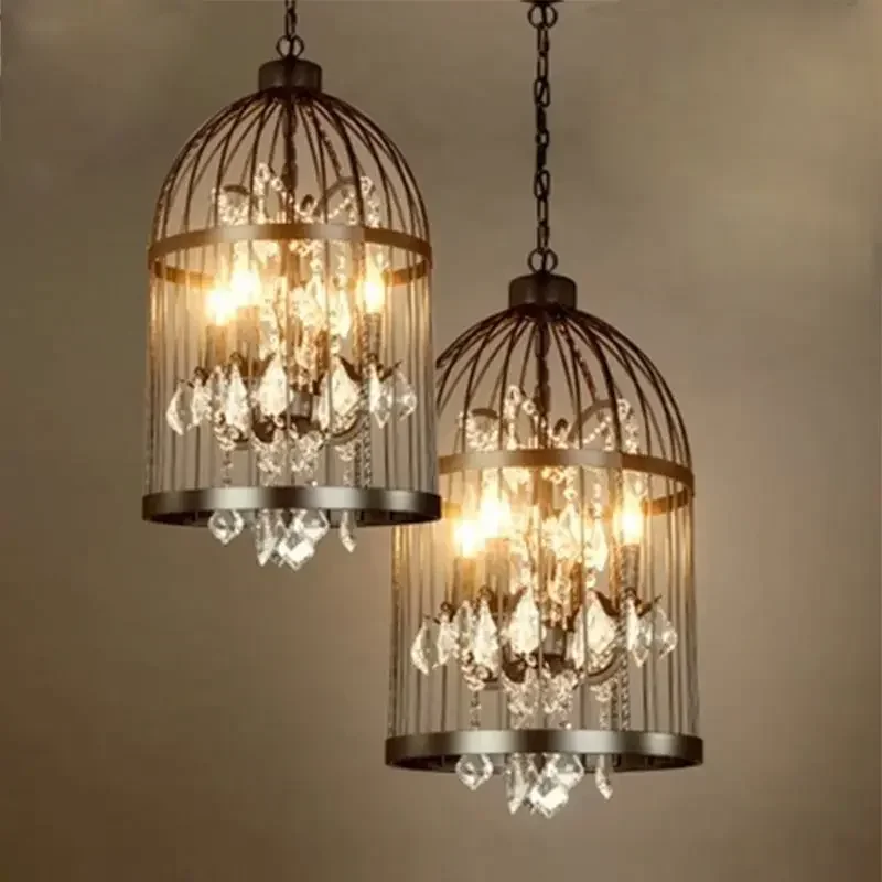 

American Retro Birdcage Iron Crystal Led Pendant Lamp Restaurant Living Room Coffee Shop Creative Chandelier Home Decor Lighting