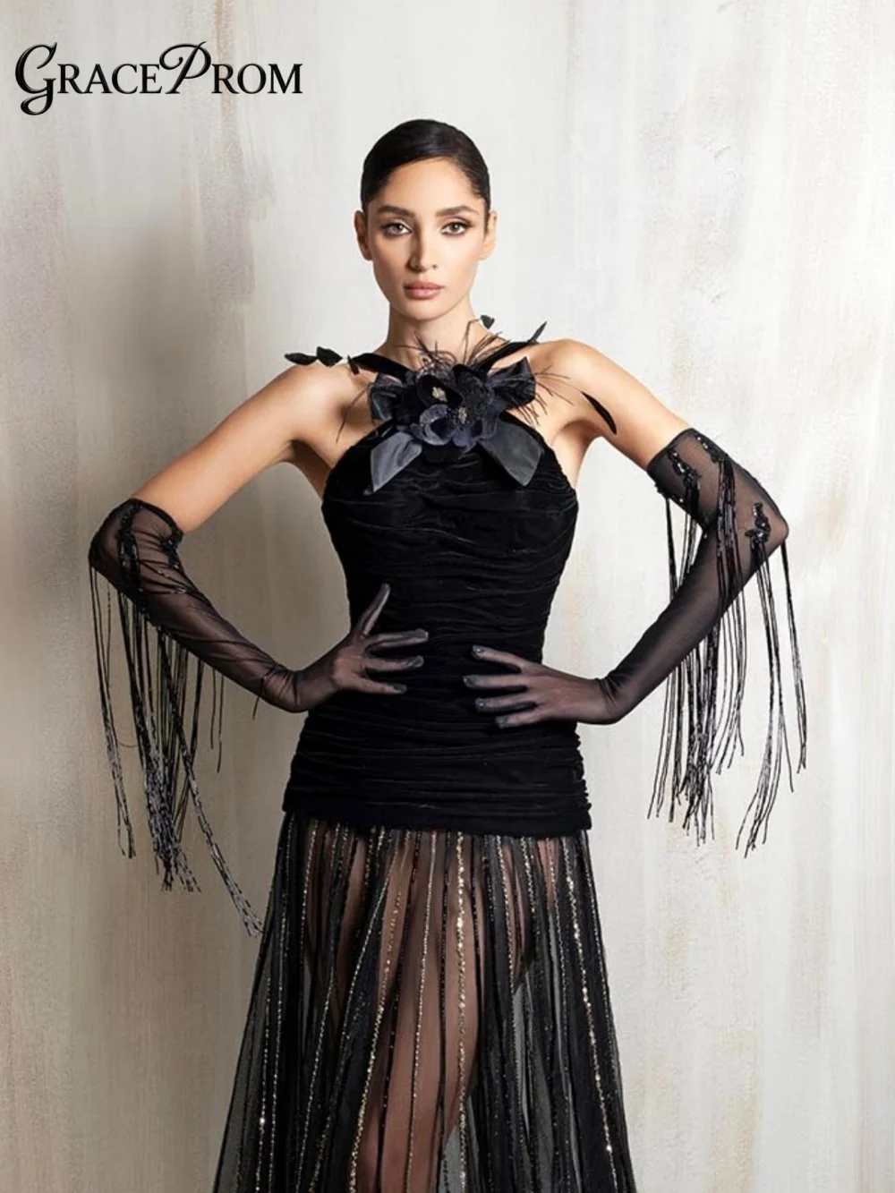 Opulent Black Formal Dress 2026 Glamorous Stitching Sheath Evening Gown Sexy Tulle Side Slit Party Dress No Gloves فساتين سهرة