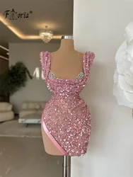 Sleeveless Pink Sequin Crystal Cocktail Dress Sparkly Beadings Short Prom Dresses For Black Girl sukienki imprezowe Birthday