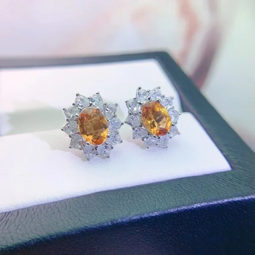 

Classic 925 Silver Crystal Stud Earrings 5mm*7mm Total 1.4ct Natural Citrine Jewelry Allergy Free Gold Plated Citrine Earrings