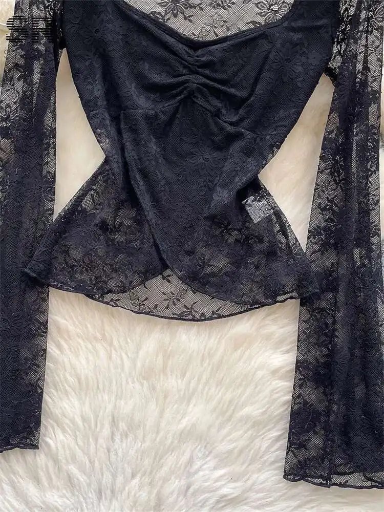 

BabYoung Sexy Sheer Lace Tops Women Square Collar Long Sleeves 2025 Newest Shirts Fashion Summer Ins Versatile Thin Blouses