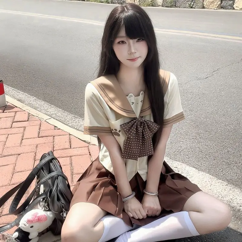 

Japanese Kindergarten Sailor Suit Cute Soft Girl JK Uniform Suit Bear Pattern Role Play Brown School Girl Skirt Uniform Cos