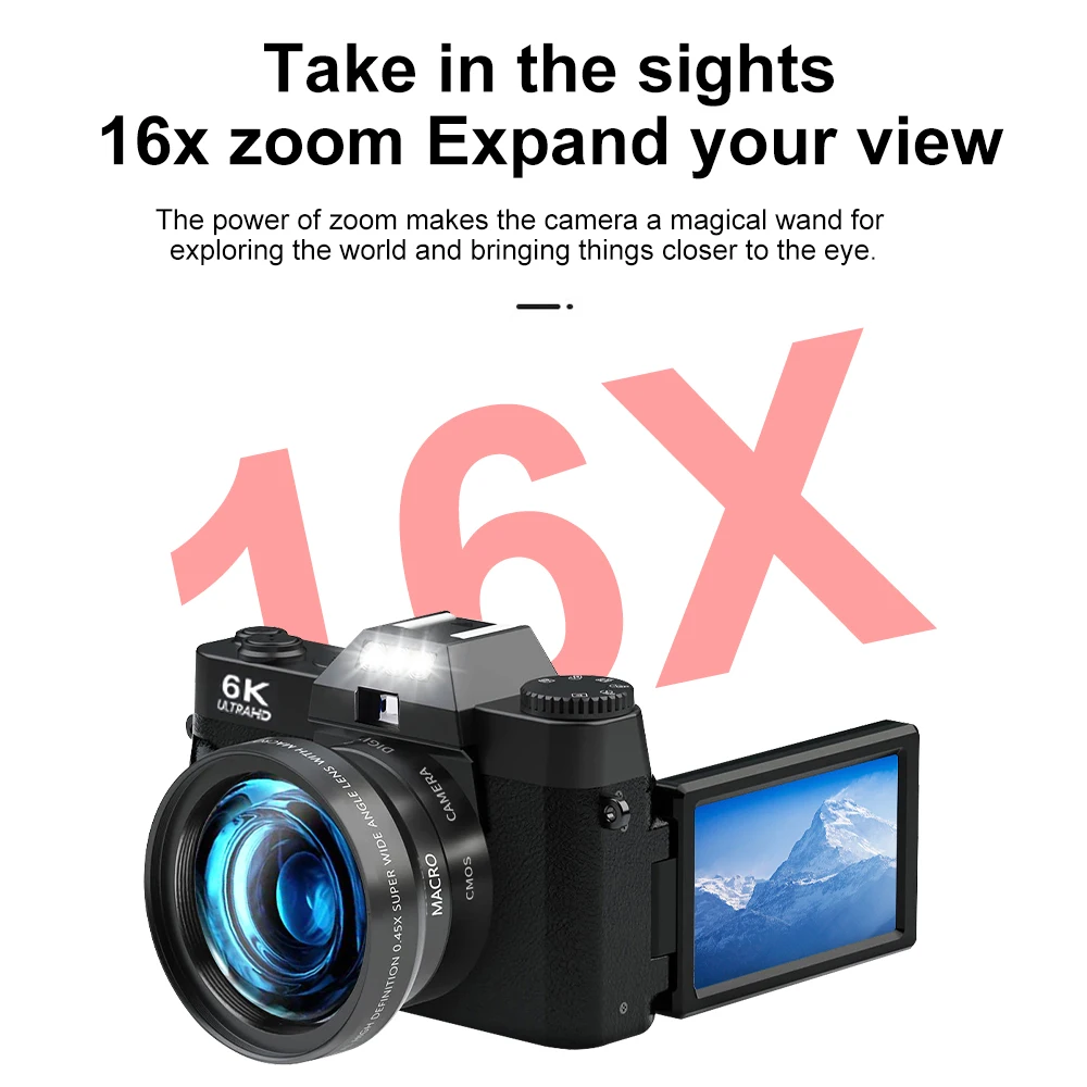 كاميرا تصوير رقمية 6K تكبير رقمي 16X 64 ميجابكسل مسجل فيديو مدونة فيديو عتيق يوتيوب 180 °   كاميرا ويب واي فاي بشاشة قلابة مع فلاش