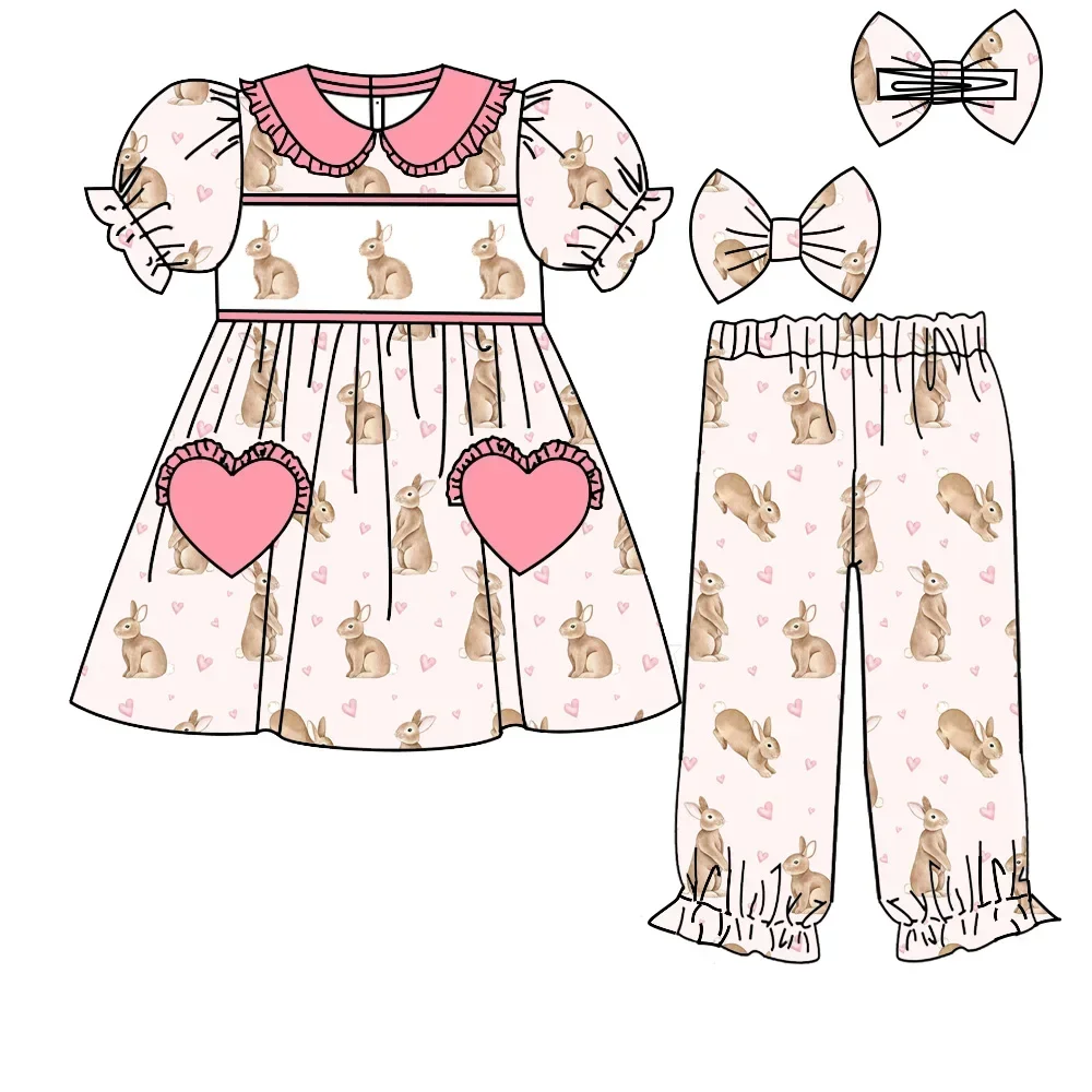 Easter Bunny Smock Print Set Toddler Boys & Girls Boutique Kids Clothing Ensemble Comfortable Sleepwear for Children