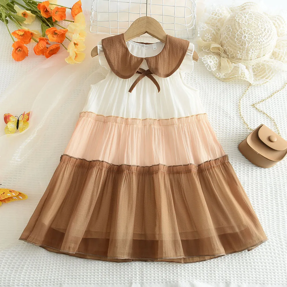 New Baby Girl Princess Dresses Summer Bow Sleeveless Mesh Dress 2-6 Years Kids Clothing Multilayer Lace Kids Clothes