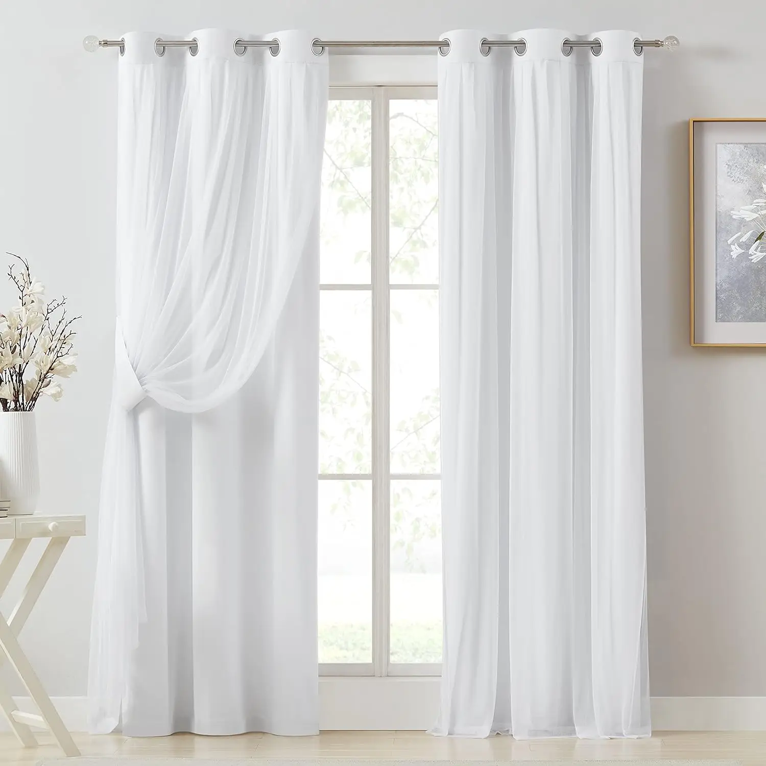 White Full Blackout Curtain Panels with Sheer Overlay Mix and Match Double Layer Thermal Insulated Window Treatment Set