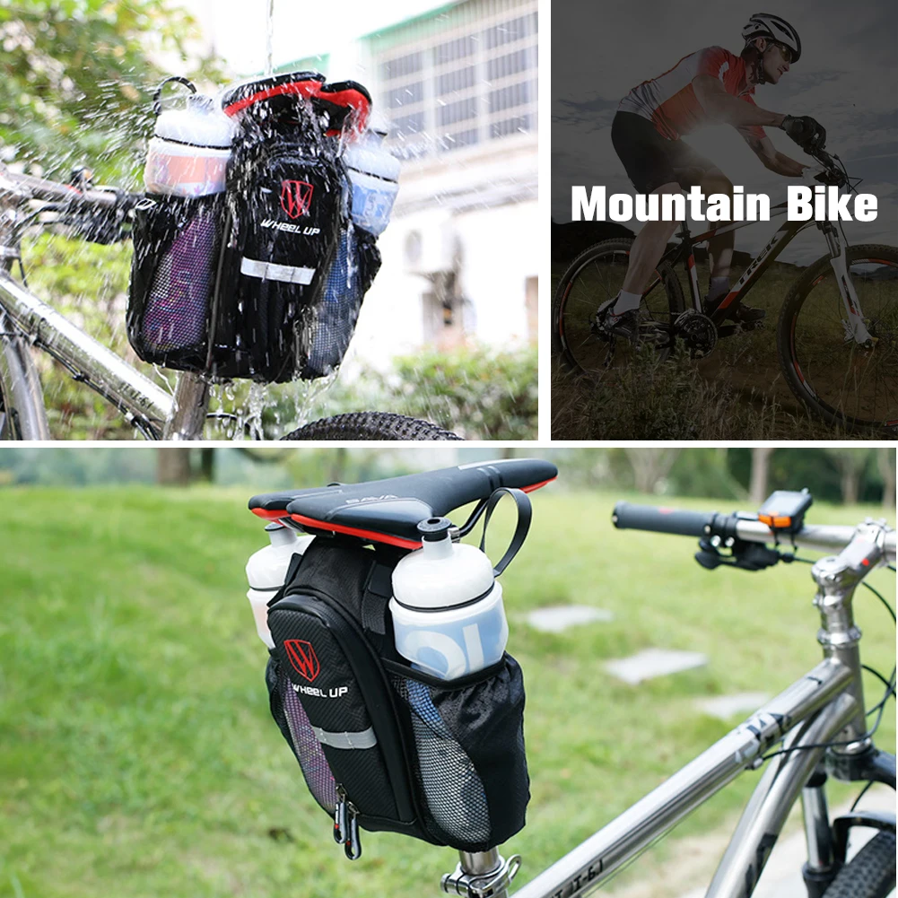 Bike Saddle Bag Waterproof Bicycle Package Bike Back Seat Pouch with Water Bottle Holder for Mountain Bike Road