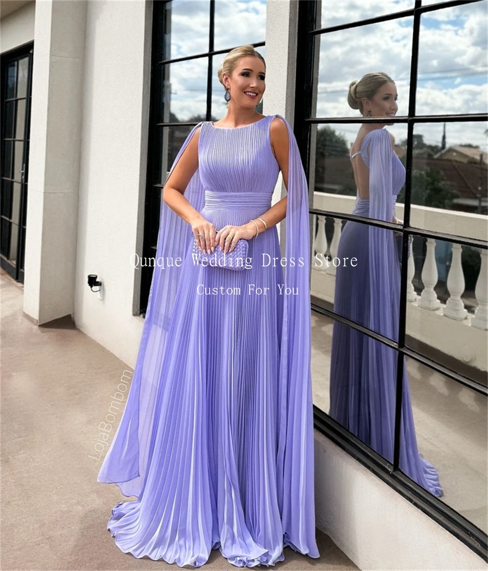 Qunque Purple Tulle Evening Dresses Customized Women With Long Cape Sleeves Party Dresses Formal Gowns Pleat Robes De Soirée