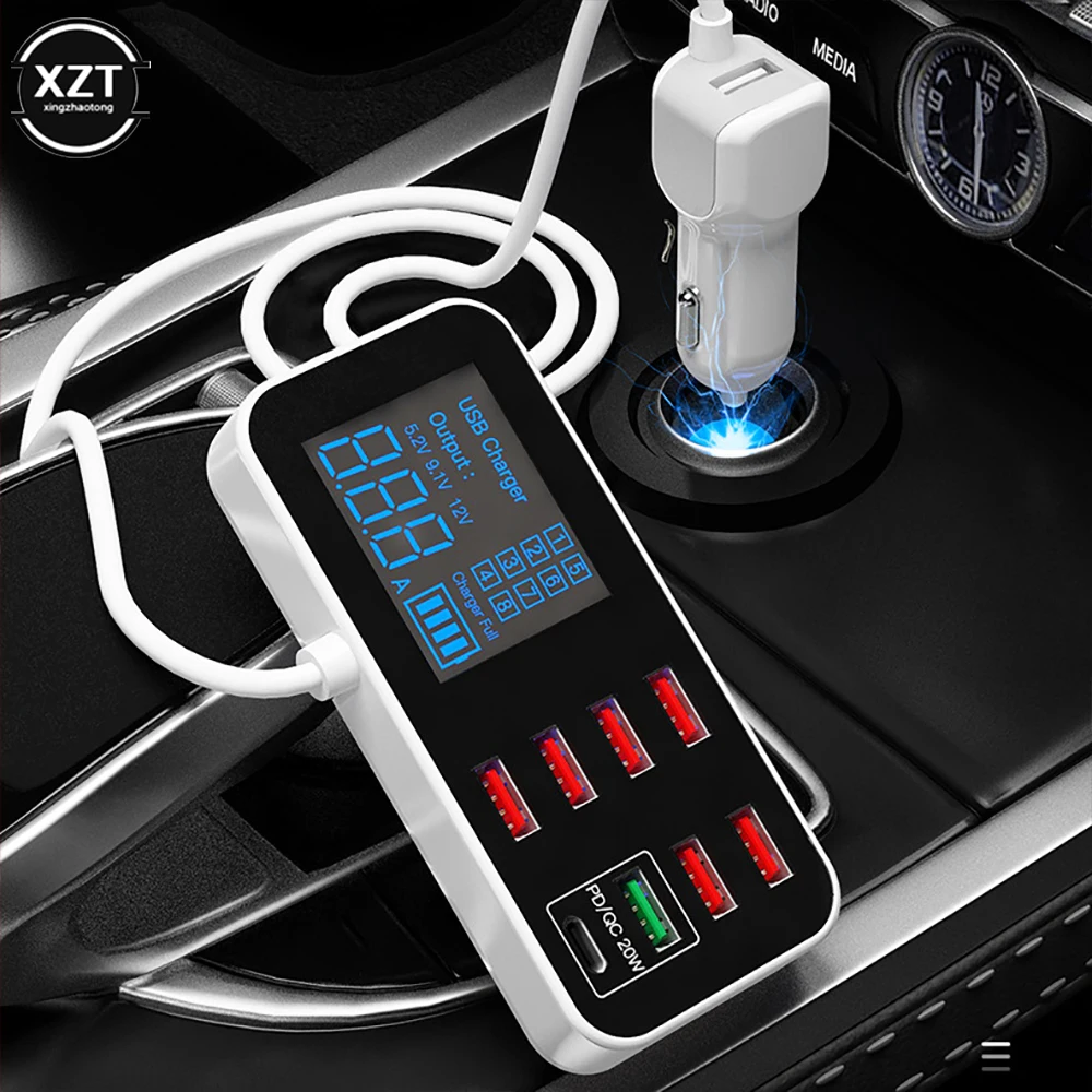 A9S Car Phone Socket 8-port Multi USB Thin Digital Display PD Fast Charger Multi-function Smart Car Charger Car Accessories