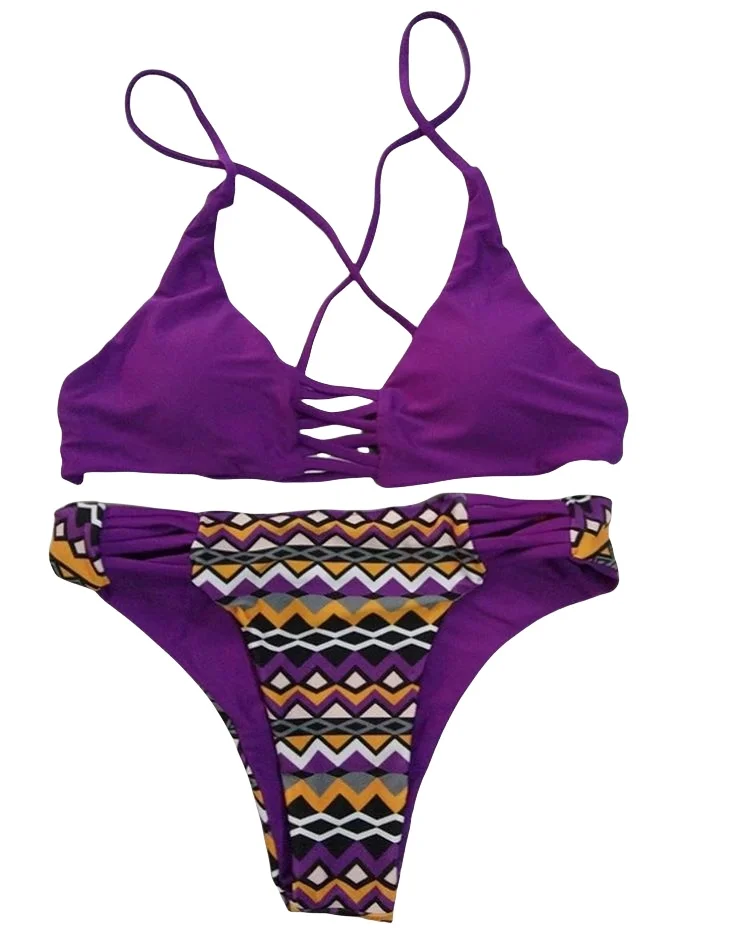 F4623-2 estilo folk biquíni sexy roxo bandagem maiô roupa de banho