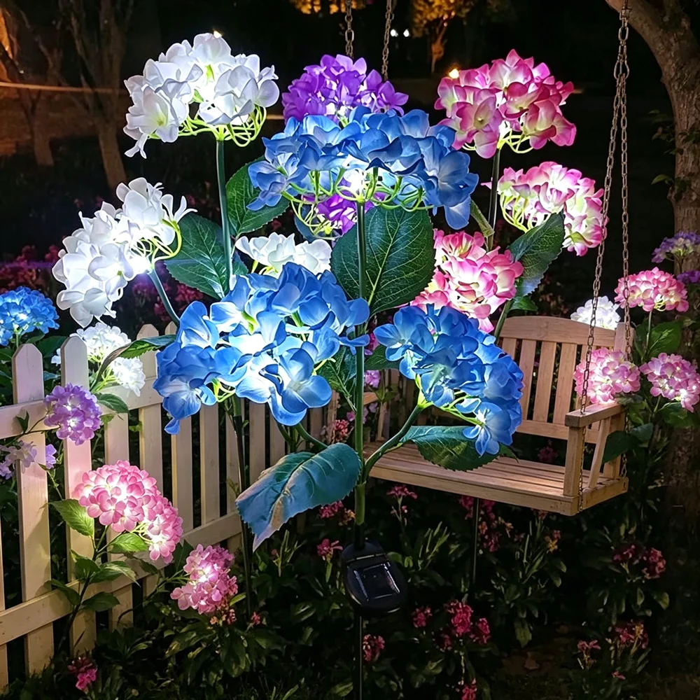 Artificial Flower Lighting 3 Heads Hydrangea Solar Lawn Lamp Outdoor Garden Summer Wedding Party Holiday Patio Yard Decoration