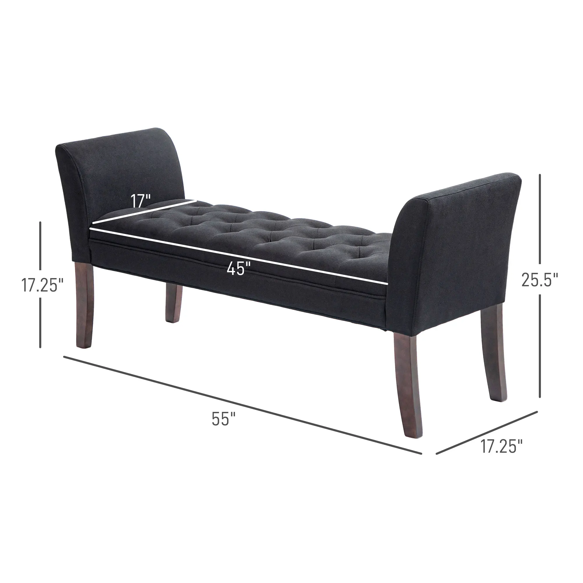 Upholstered Button Tufted Bed End Window Bench W/ Arms & Wood Legs, Black