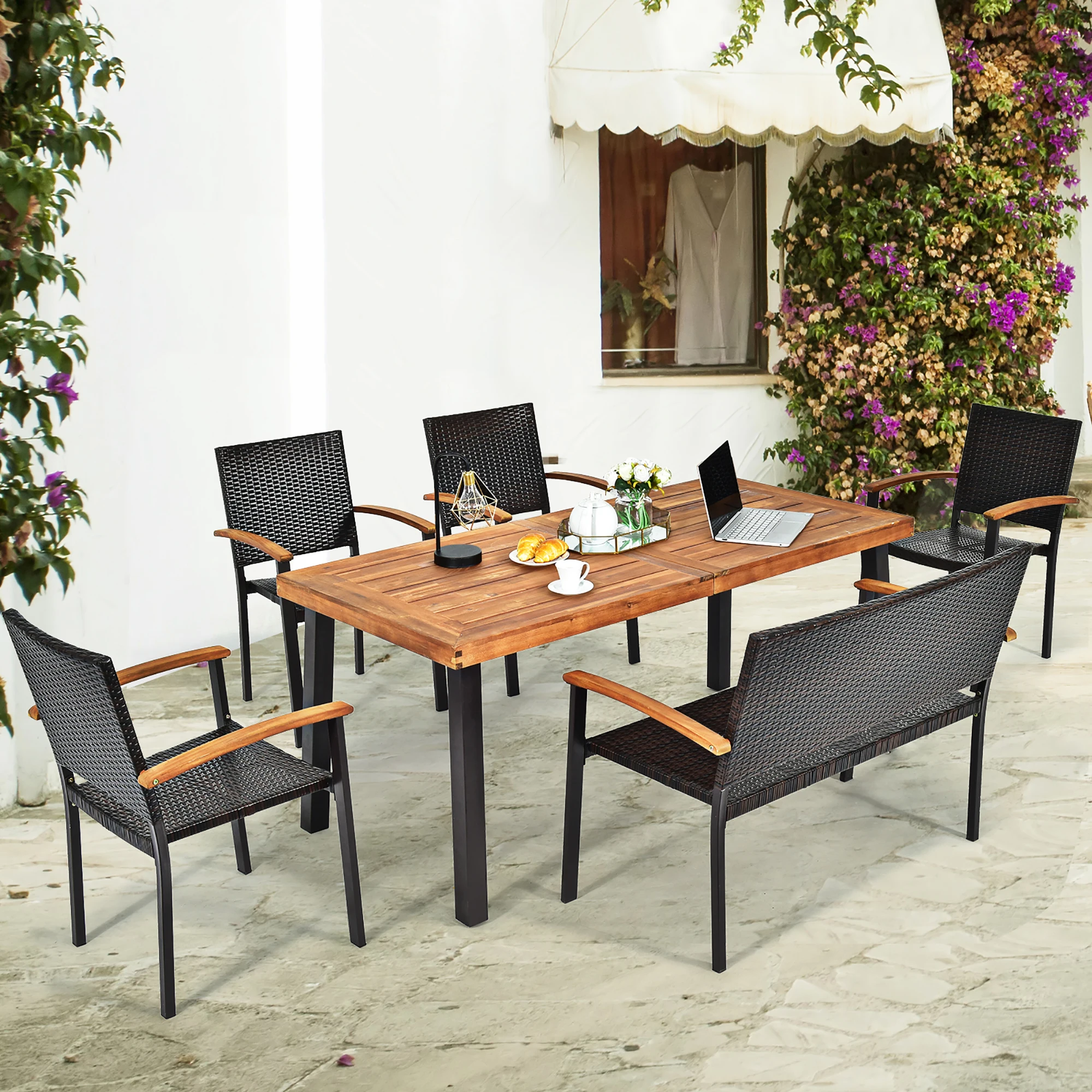 

6 PCS Patio Rattan Dining Set Acacia Wood Chairs Bench Armrest Garden