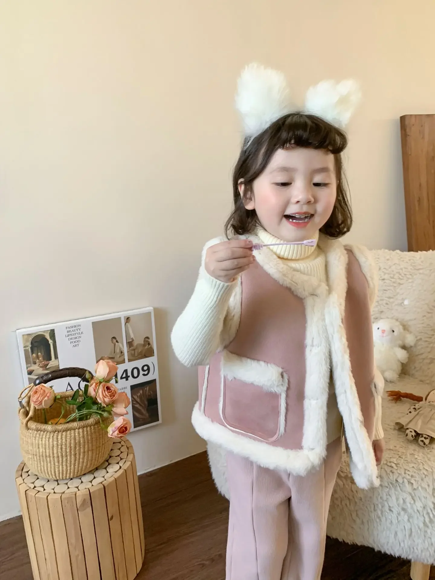 Girls Vest Fur One Waistcoat Autumn and Winter New Children Double-sided Vests Baby Girls Clothes Korean Simple Style Fashion