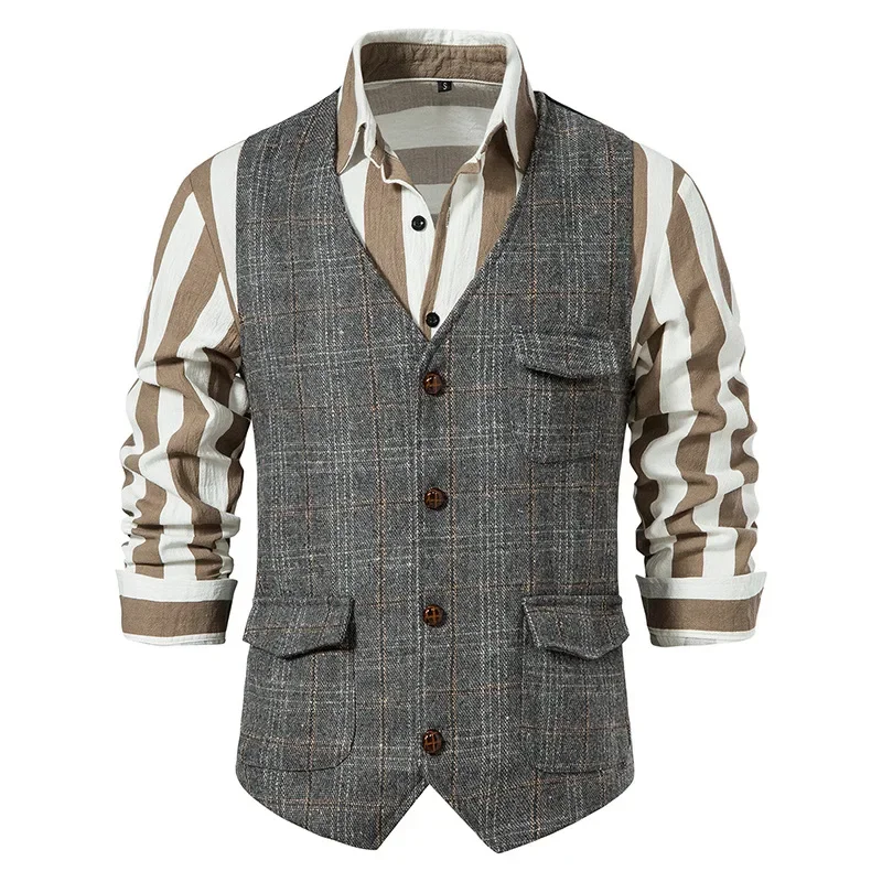 Mens Plaid Tweed Suit Vest Korean Japanese Style Slim Fit Formal Business Sleeveless Waistcoat Men Vintage Gentleman Dress Vests