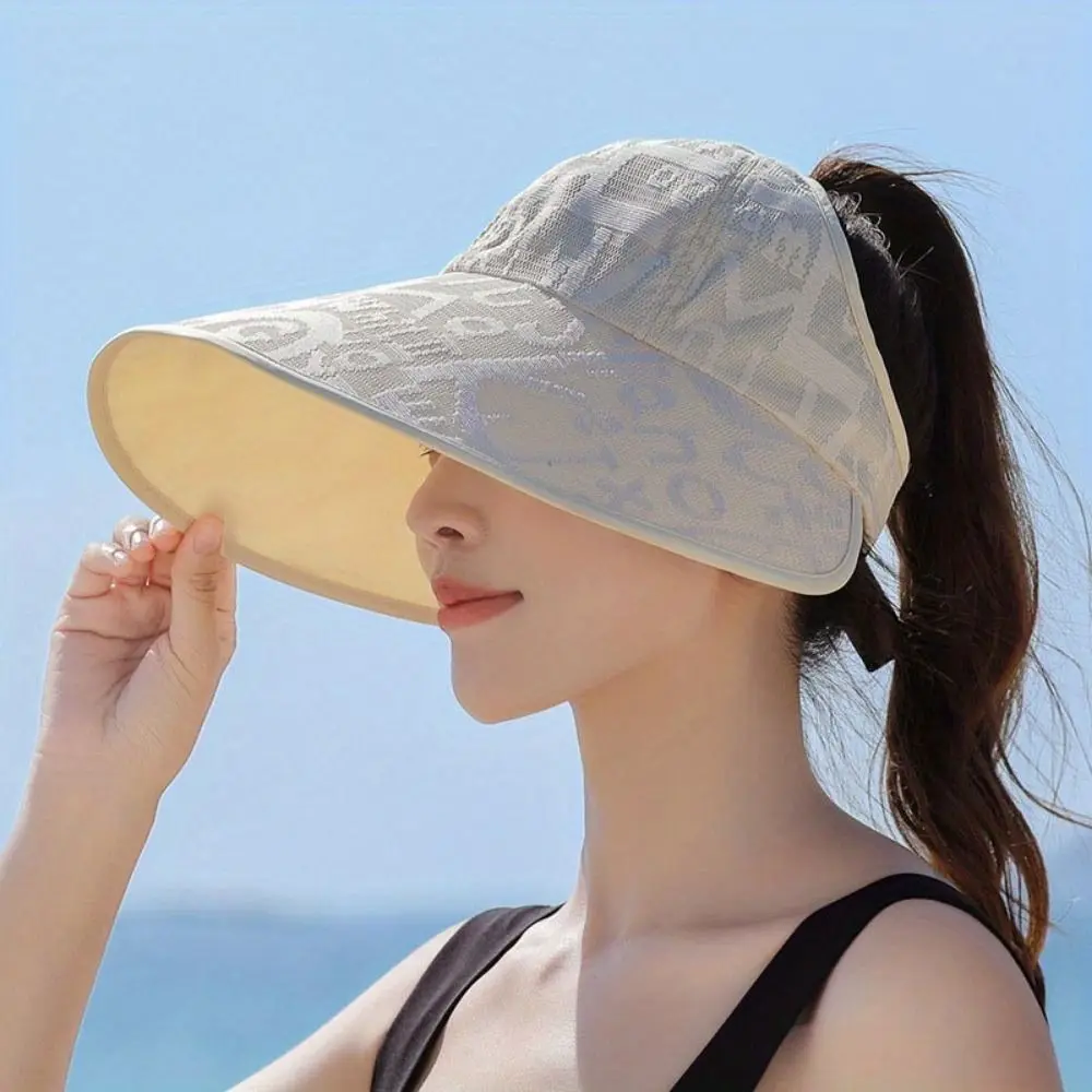 Stylish Letter Large Brim Sun Hat UV Protection Removable UV Protection Hat Stripes Breathable Summer Panama Hat Women