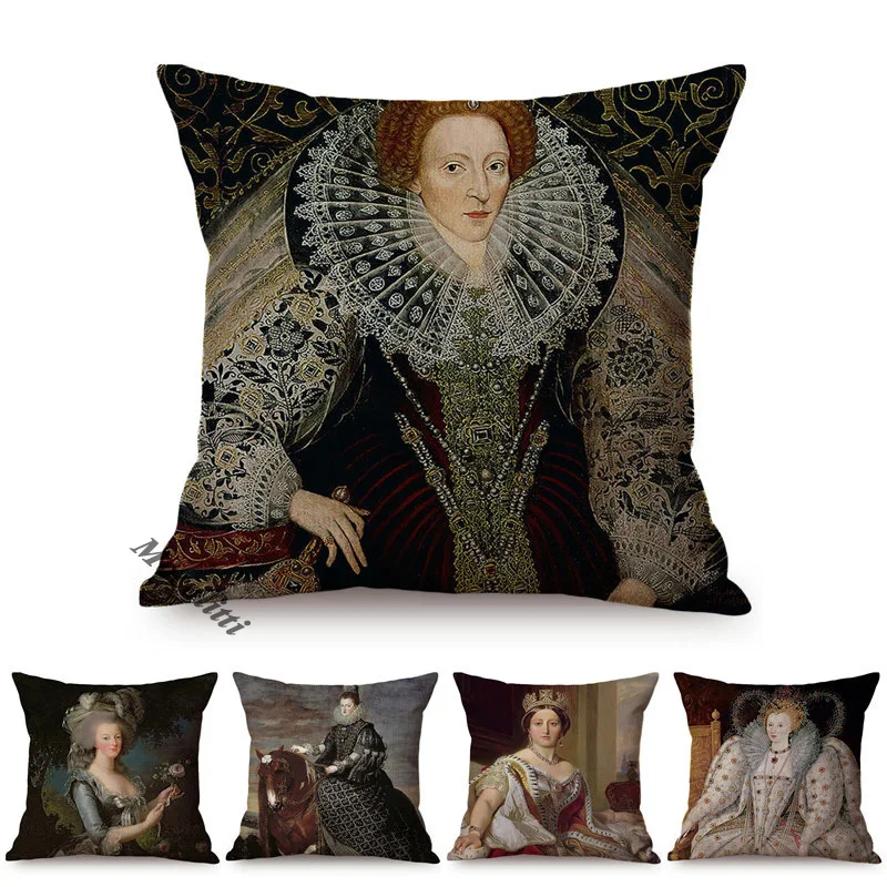 Europejska szlachetna królowa portret sztuka dekoracja wnętrz Sofa rzuć poszewka na poduszkę moda kobieta Vintage obraz olejny luksusowa poszewka na poduszkę