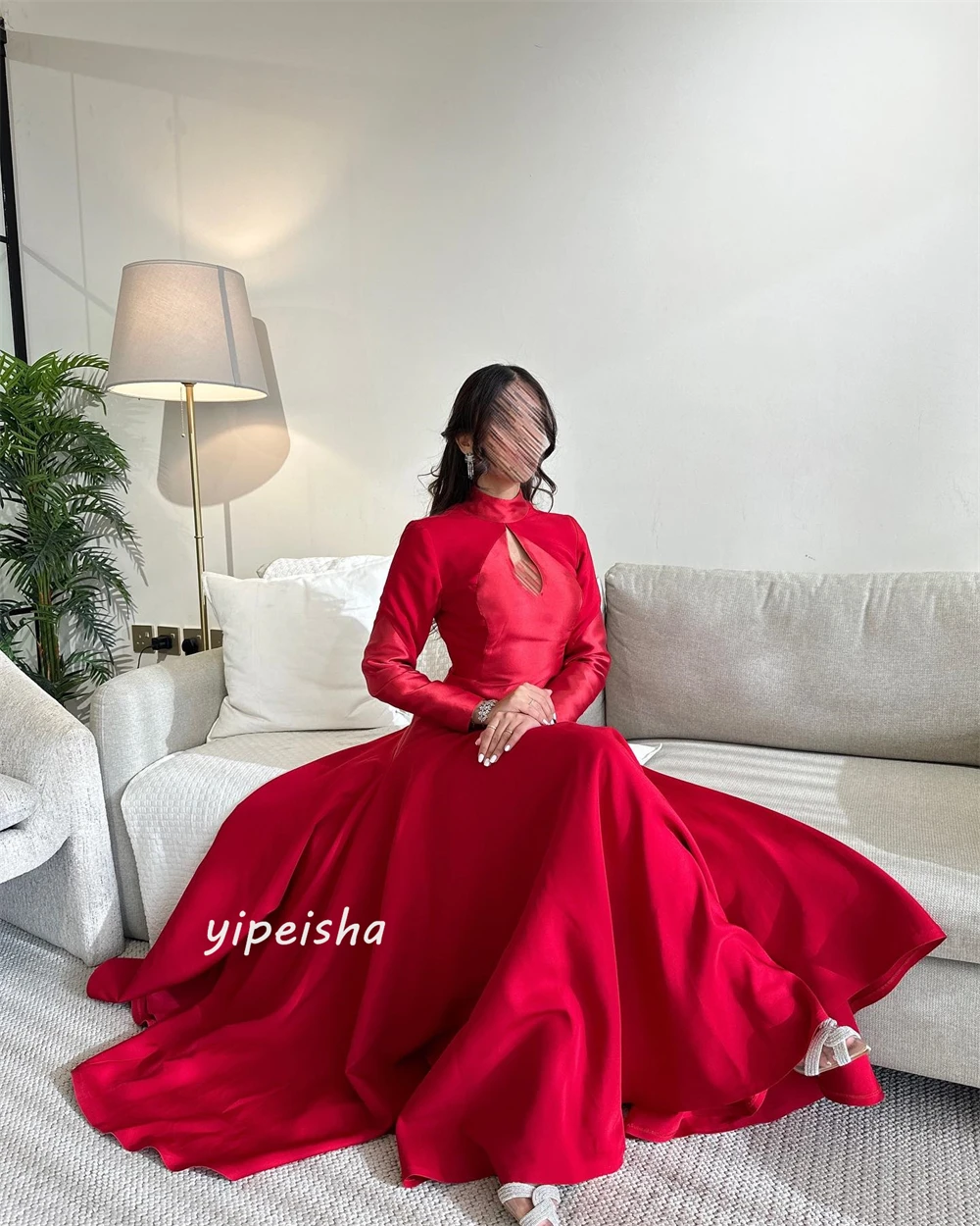 Jiayigong Satin Draped Ruched Evening A-line High Collar Bespoke Occasion Gown Long Sleeve Dresses