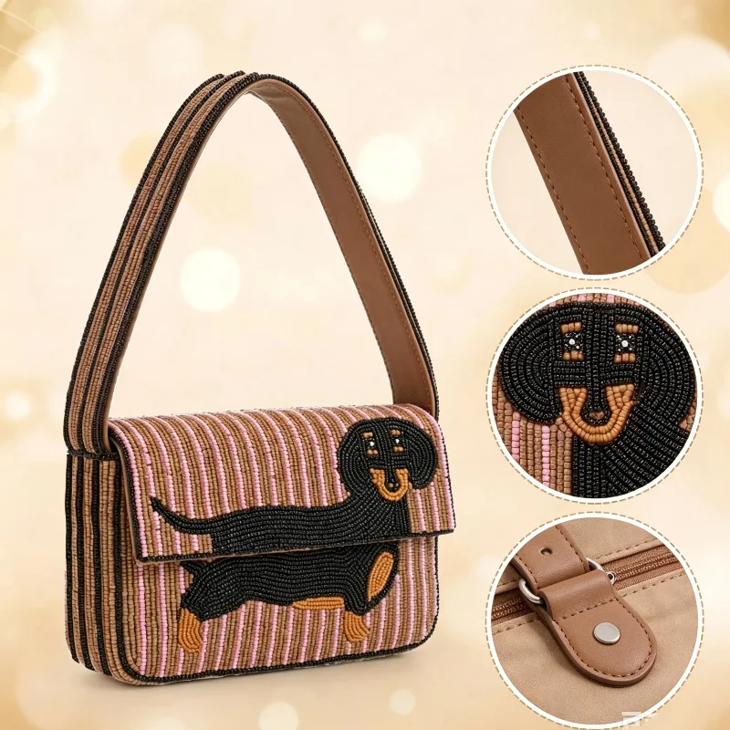 Cute Puppy Beaded Embroidered Handbag Stylish Striped Magnetic Snap Mini Shoulder Bag For Women Cartoon Animal Small Square Bag