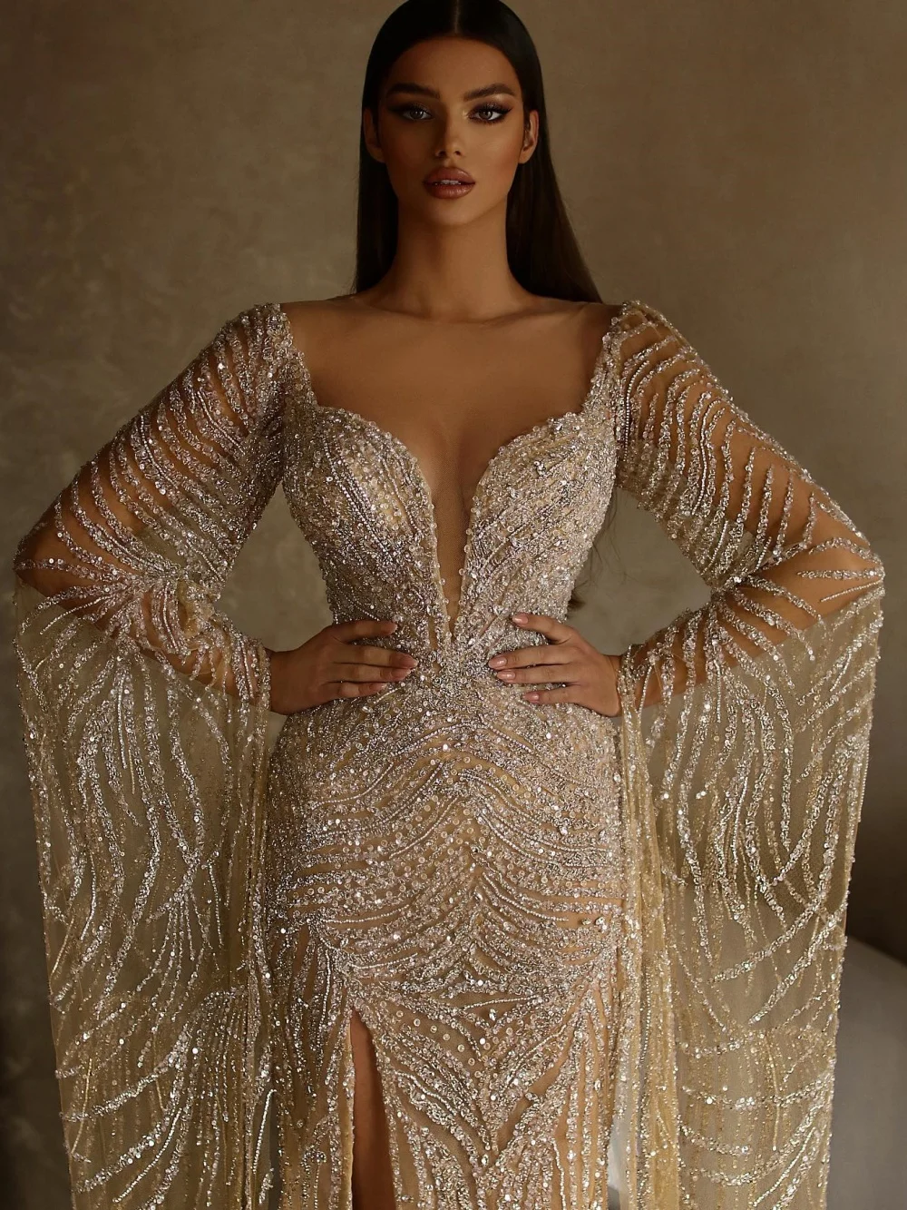 Sexy transparente vestido de noite romântico manga longa frisado vestido de festa clássico cristal até o chão vestidos de festa فسات intellimavera