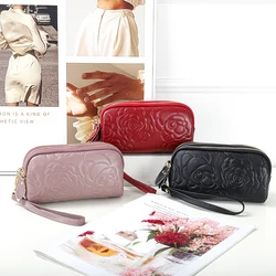 Hot Selling Genuine Leather Women Clutch Wallets with Wrist Strap Fashion Embossed Flowers Three Zippers Compartment  Wallet