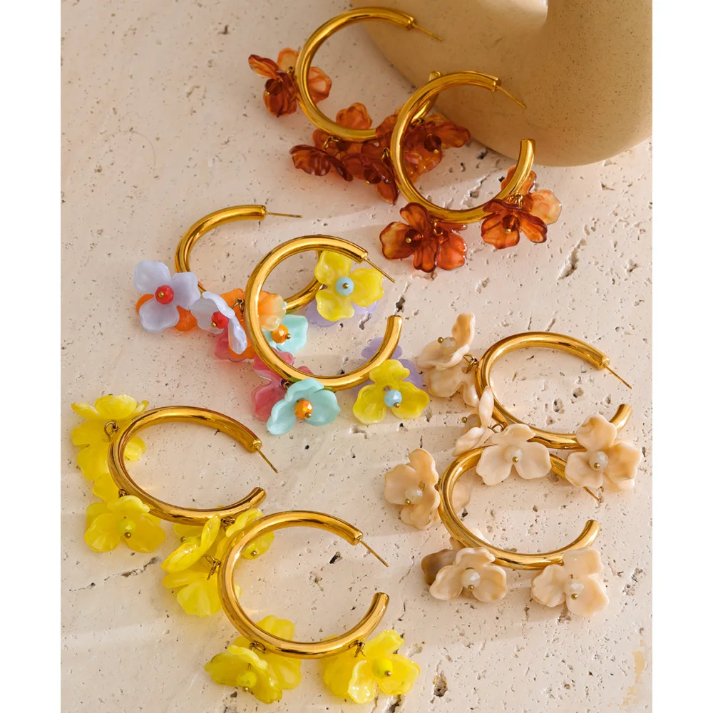 Yhpup Multi Color Stainless Steel Resin Flower Huggie Earrings 18K Gold Color PVD Plated Summer Charming Jewelry