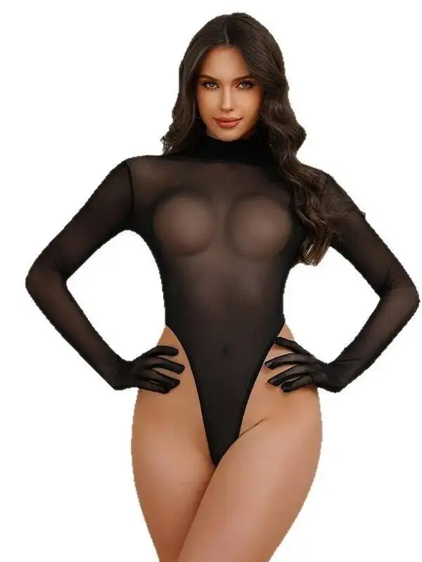 Women's New Sexy Sheer Mesh Tight Open Crotch Waist-Cinching Long Sleeve Transparent Black Bodysuits For Women Charming Z4L0