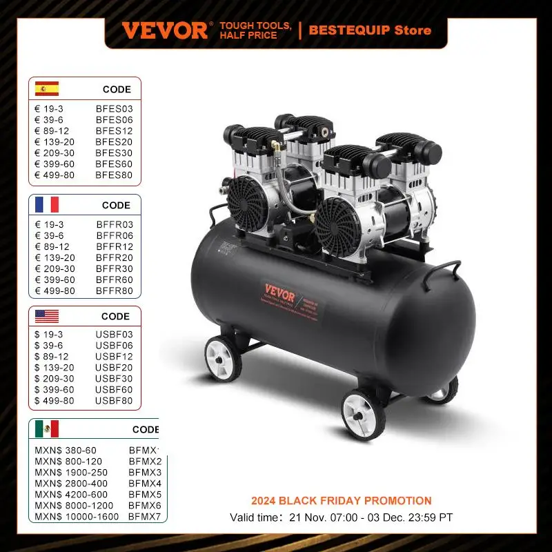 VEVOR Compresseur d'Air sans Huile, Réservoir Acier 75 L, 2,65 kW, 14,6 CFM 90 PSI, Pression Max 125