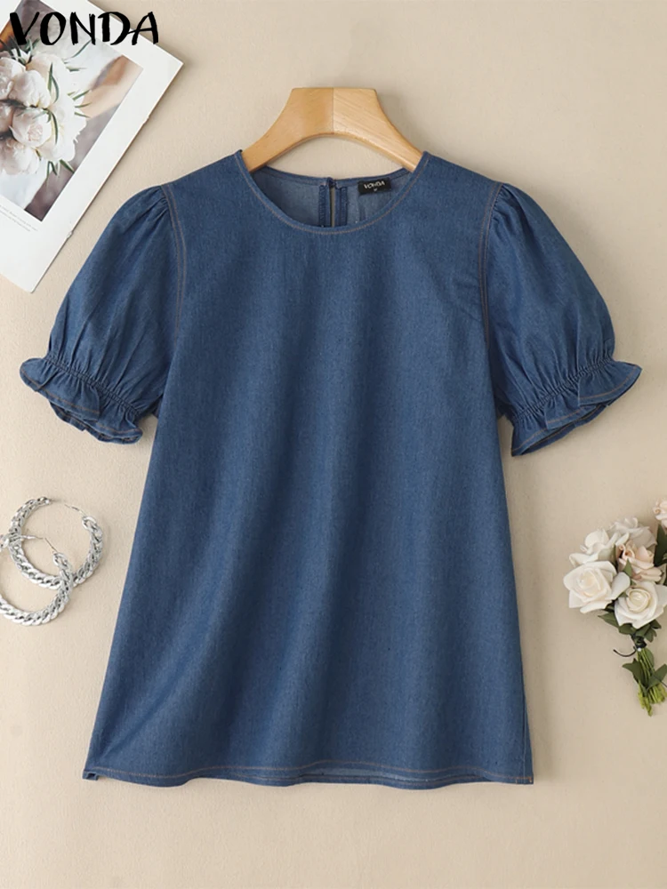 2025 Fashion Blouse VONDA Women Denim Summer Tunic Tops Elegant Short Puff Sleeve Shirts Casual Loose Solid Color Vintage Blusas