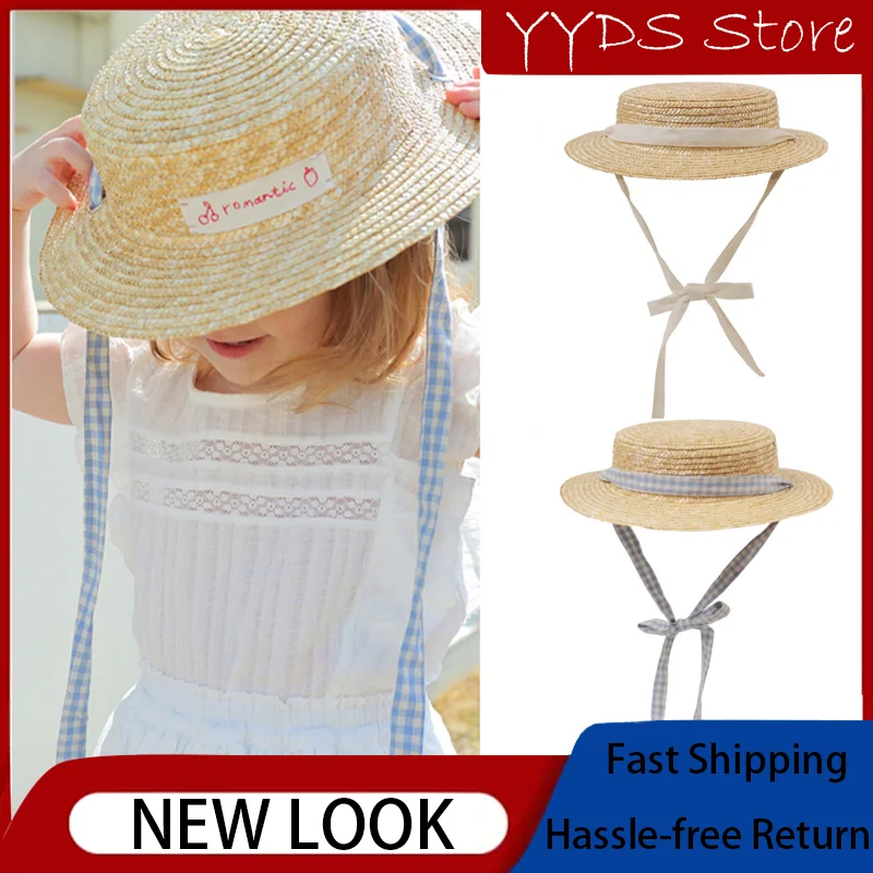 Summer Light Top Visor Hat Children's Literary Cloth Logo Plaid Ribbon Tie Large Brim Flat Top Woven Straw Hat