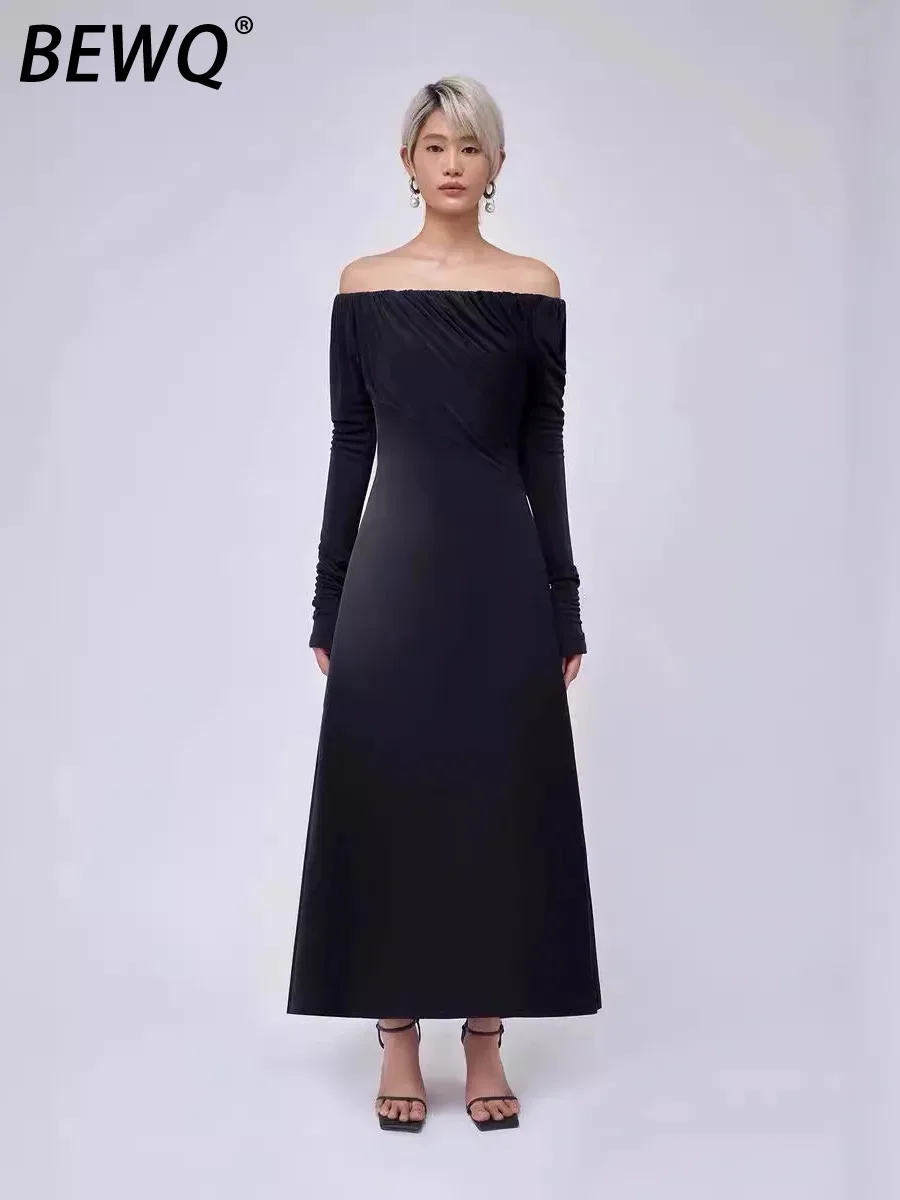 BEWQ แฟชั่นผู้หญิงชุดราตรีคอพลีทถักเย็บปะติดปะต่อกันเอวสีทึบชุดปาร์ตี้สุดหรู 2025 ฤดูใบไม้ร่วงใหม่