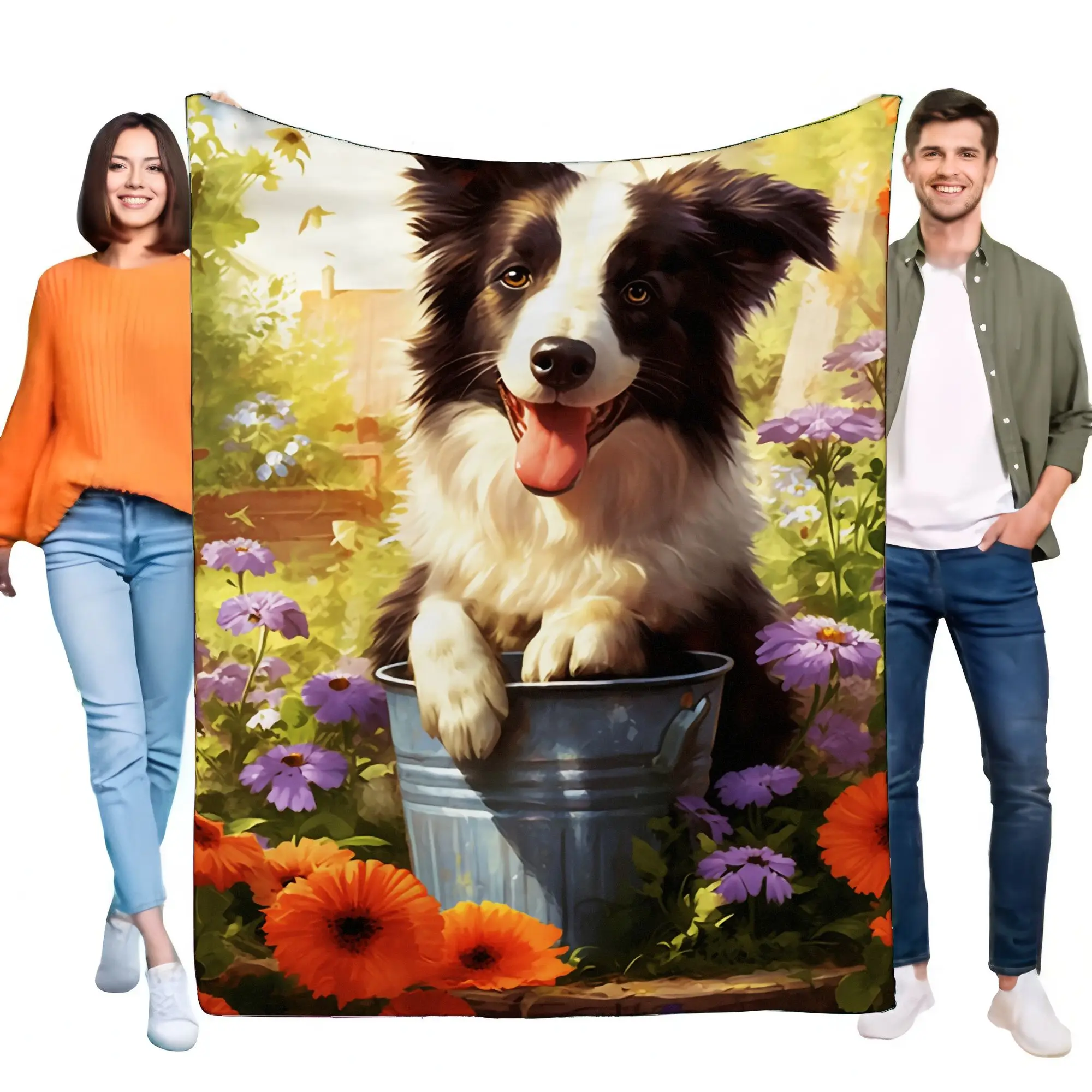 Linda manta para cachorros Border Collie, manta colorida para sofá y cama, diseño de escena de jardín ligero y suave, perfecto para el amor de las mascotas