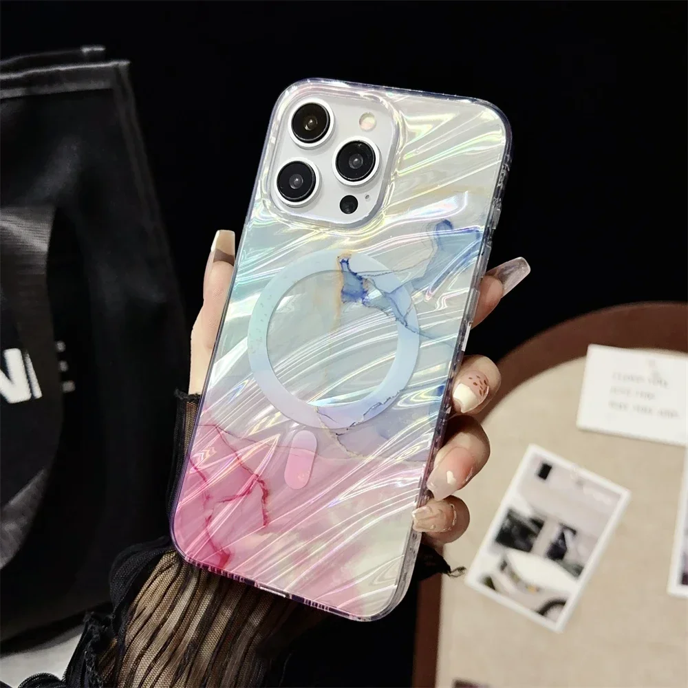 

Luxury Marble Painting Pattern Magnetic Case For iPhone 15 14 13 12 11 Pro Max Plus Colorful Wave Hard Acrylic Cover