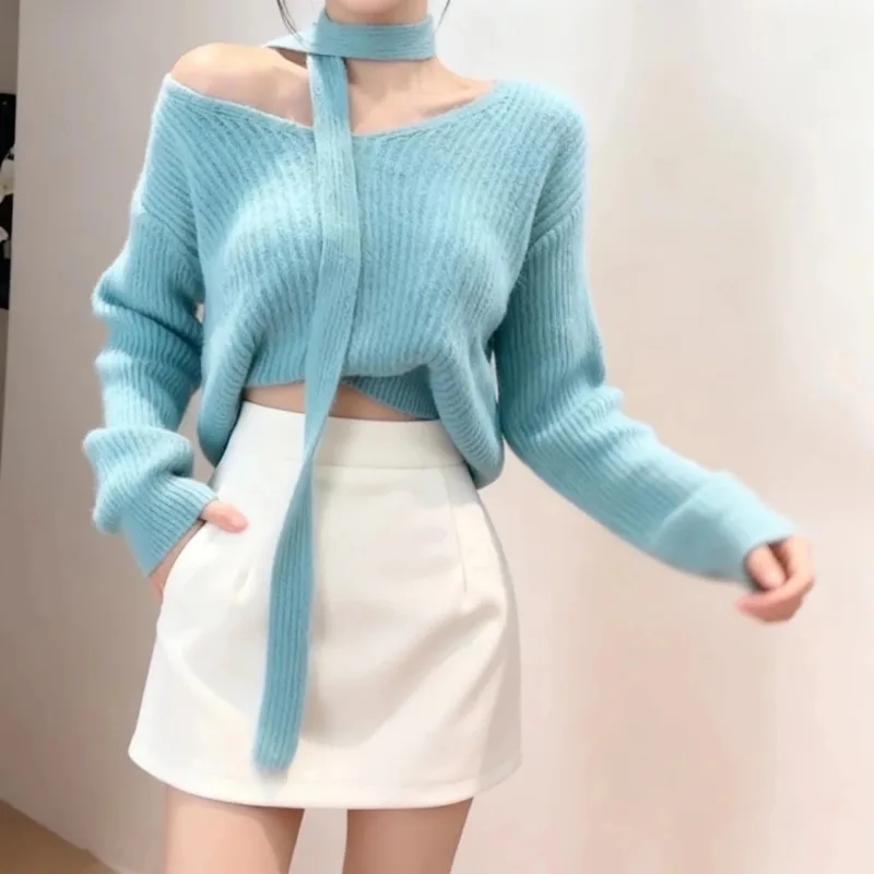 Damski koreański zestaw na wiosnę i jesień: elegancki sweter z dekoltem w serek, mini spódniczka, dwuczęściowy komplet, dzianinowy sweter, szal, biała spódnica, stylizacje 2026