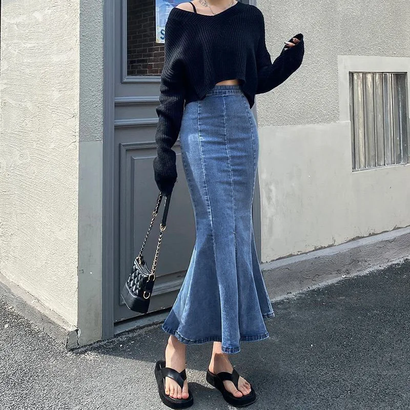 Women Long Denim Trumpet Skirts Sexy Vintage Splited Fork Hip-wrap 2023 Spring Autumn Female High Waist Stretch Mermaid Skirt