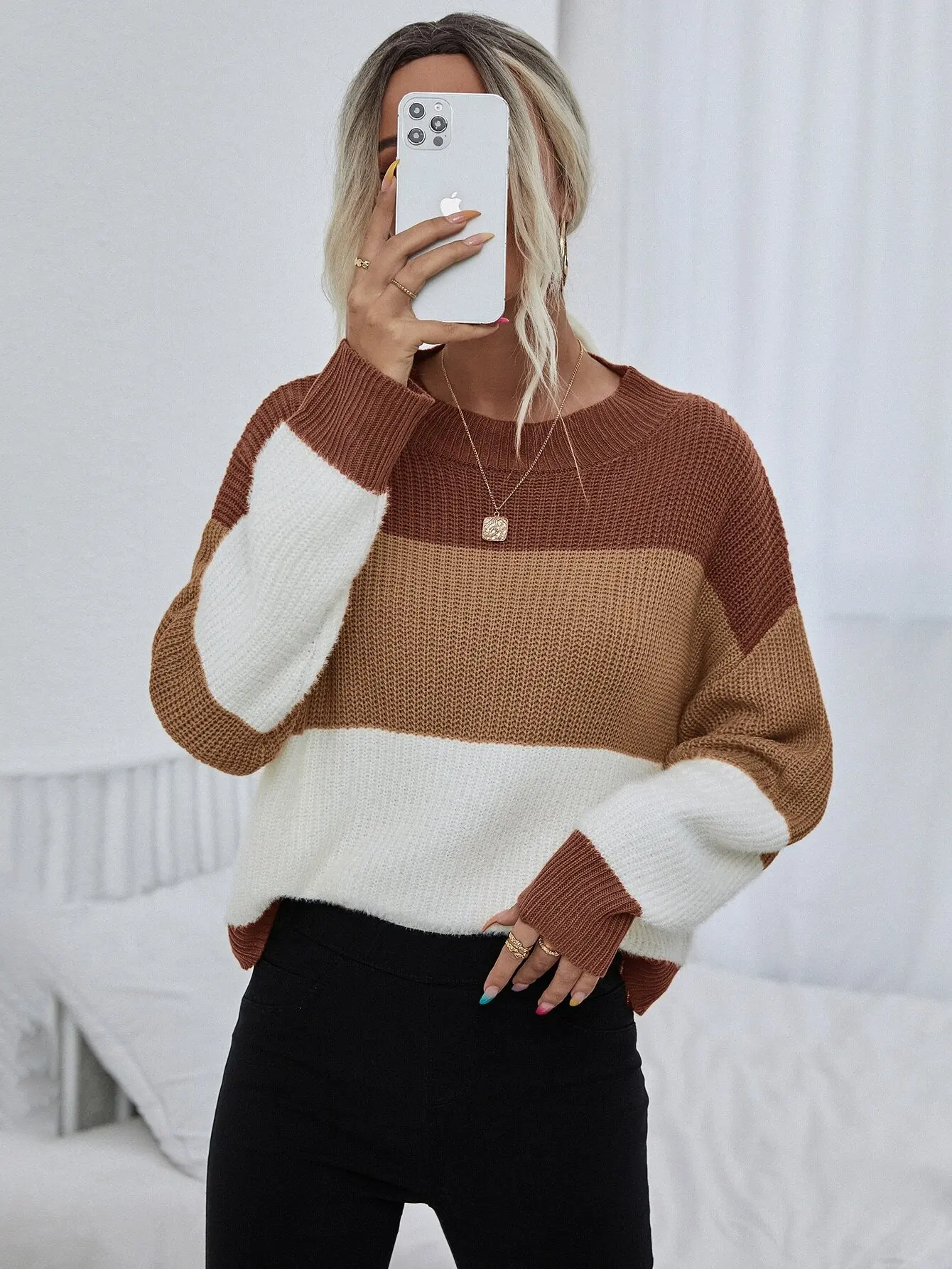 

Block Drop Shoulder Sweater,Long Sleeve Tops Knit Pullover Fall Winter Outfit