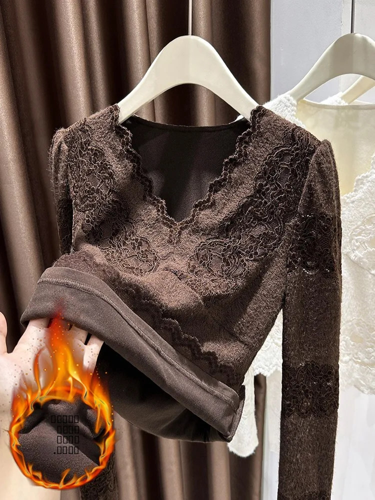 

Thiened Fce V-ne Lace Base irt Women's Winter Warm Inner Sexy Floral Patterned Long Sve Polyester Nylon Blend