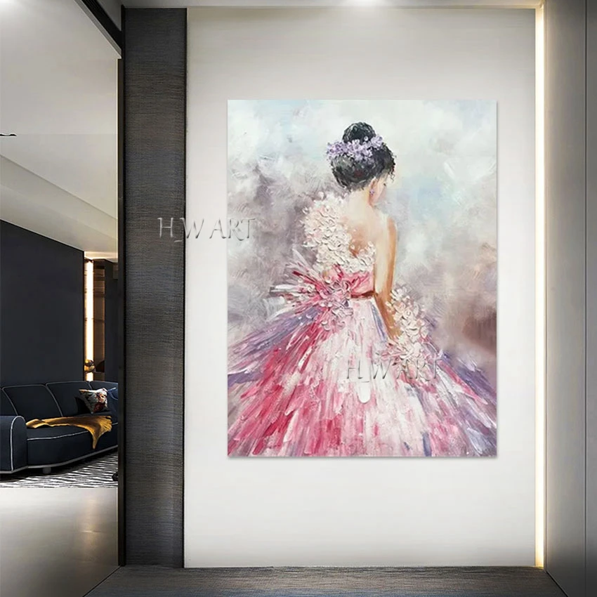 

Pink White Acrylic Knife Oil Painting Figure Art Abstract Canvas Wall 3D Sexy Dancing Girl Picture Frameless Hotel Artwork