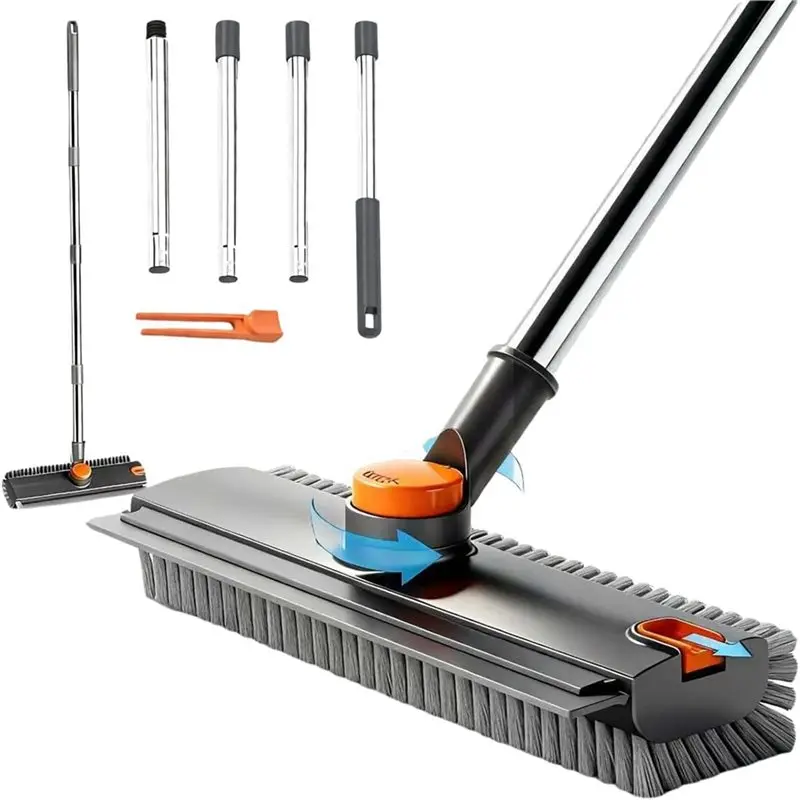 Time Saving Floor Scrub Brush,Floor Scrubber Push Broom with Long Handle,Heavy-Duty Stiff 90° Bristle Broom for Patio,Shower,Til