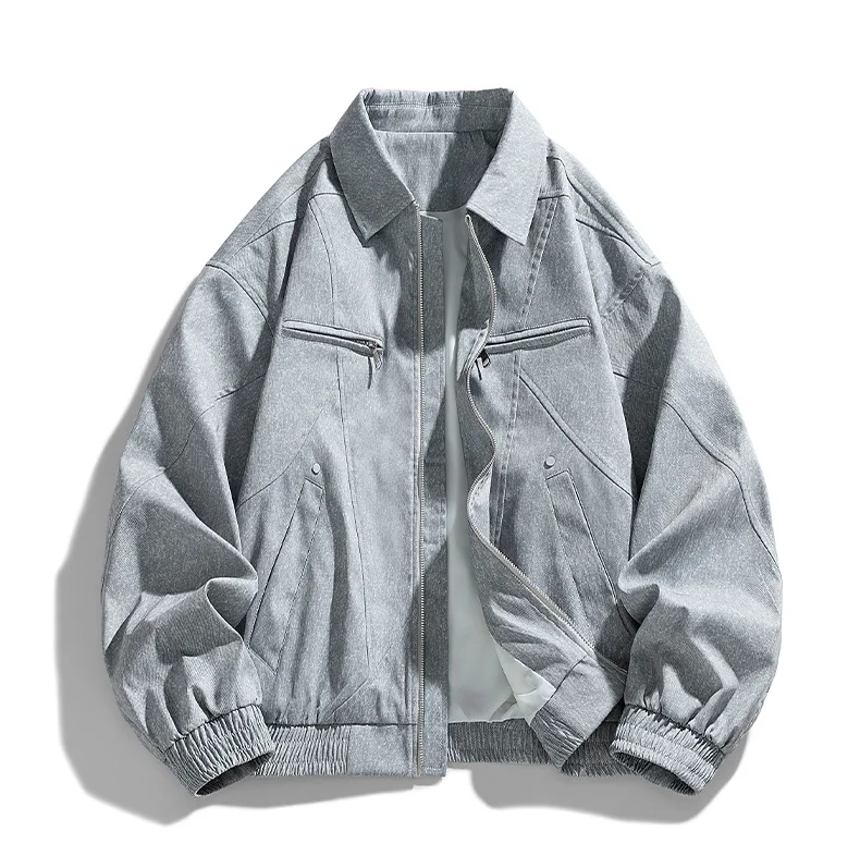 Men’s Khaki Collar Zip Up Jacket, Casual Vintage Multi-Pocket Jacket with Ribbed Hem and Cuffs for Daily Commute Autumn Winter